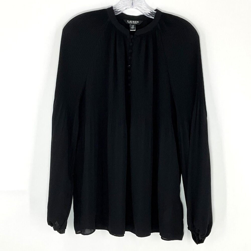 Lauren Ralph Lauren Blouse Womens L Black Pleats Buttons Flowy Whimsigoth